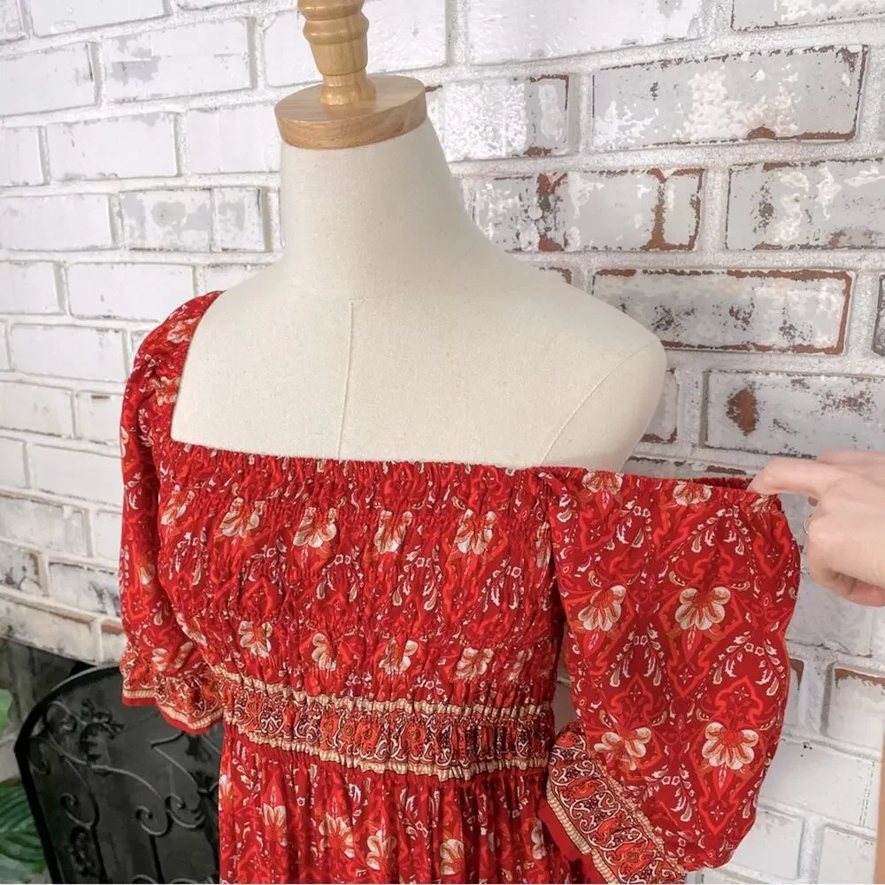 Red Bright Boho Floral Puff Shoulder Smocked Top Ruffle Hem Midi Dress L - Picture 4 of 9